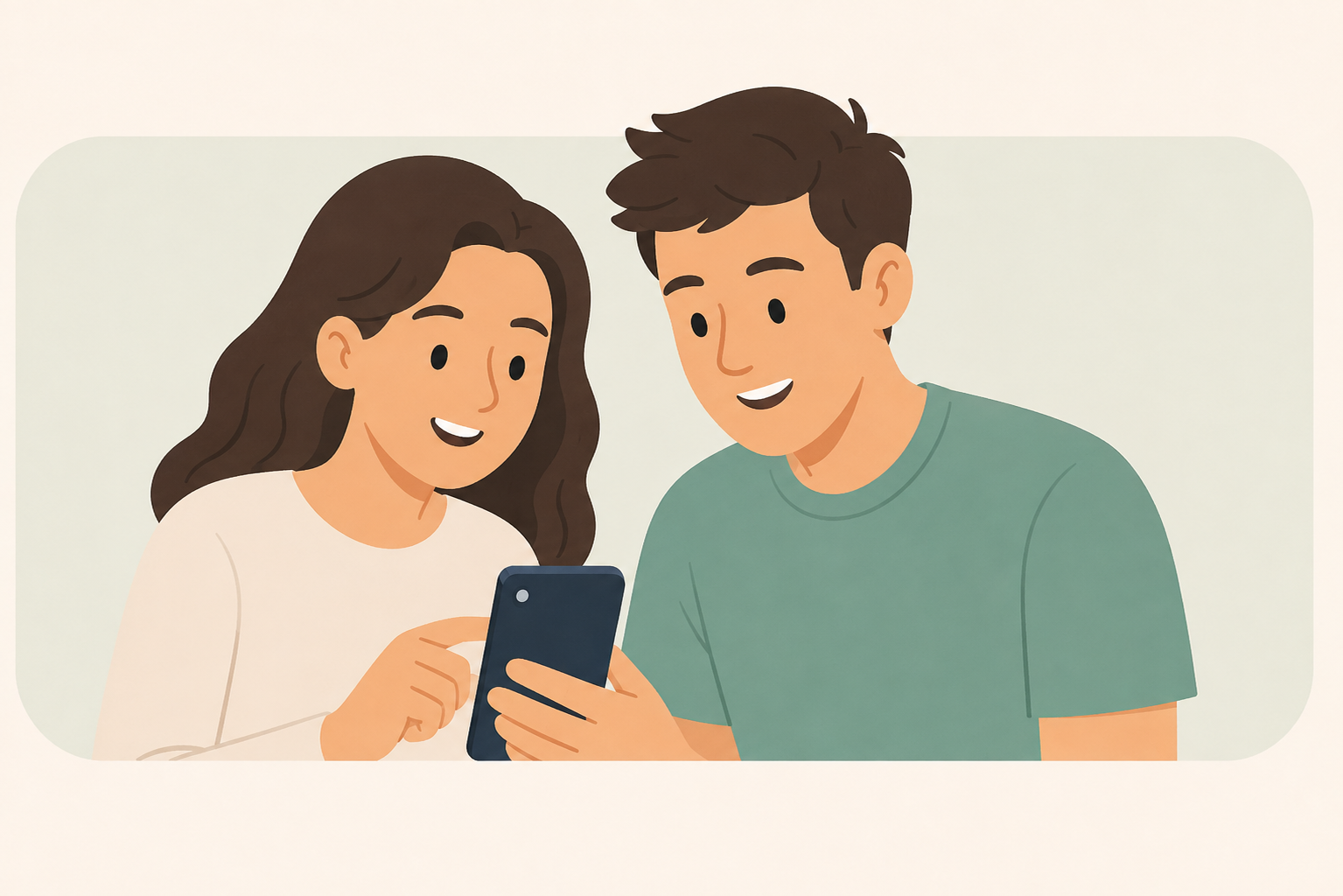An older couple smiling and looking at the nudge app together on a phone